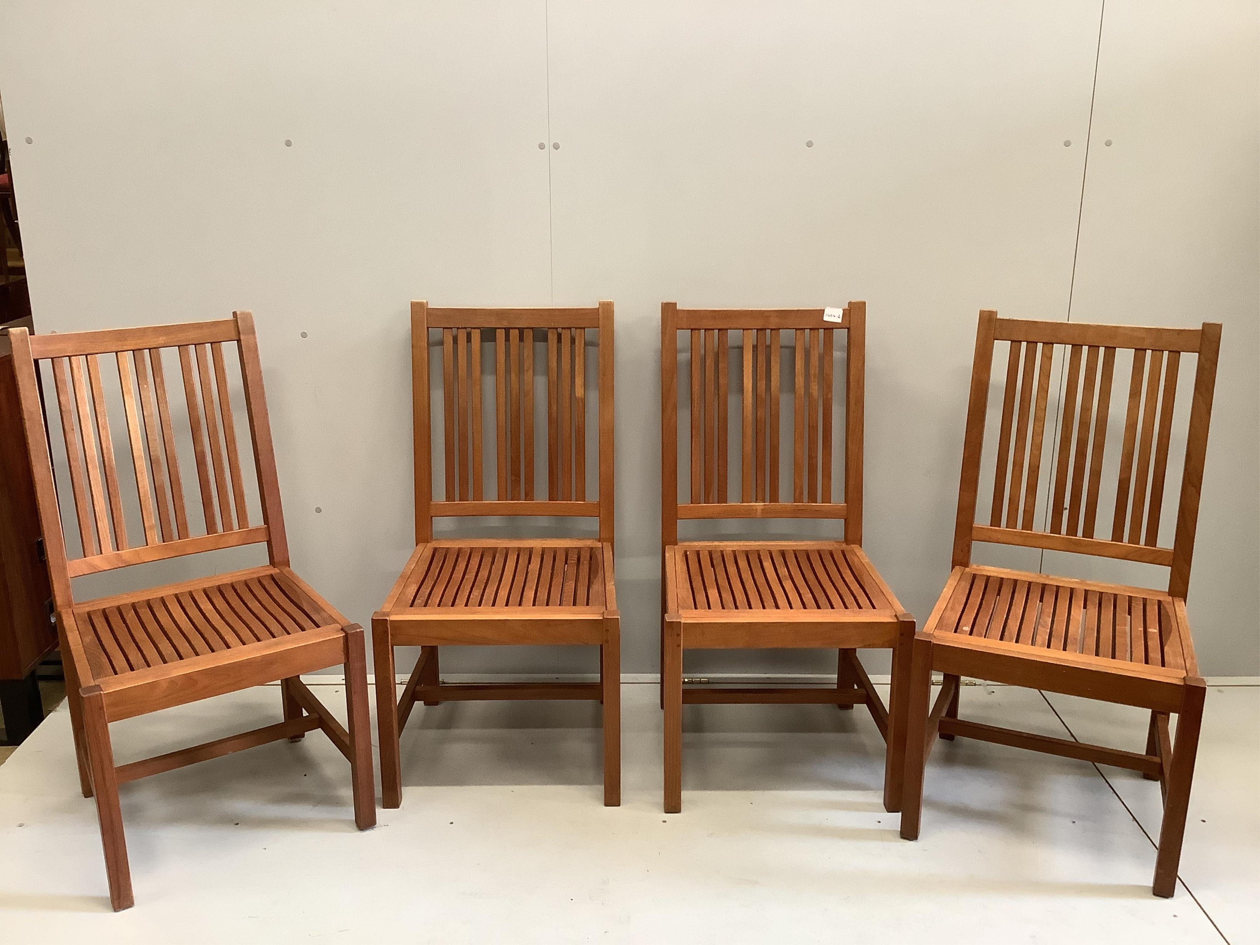 A set of four Barlow Tyrie Mission teak garden chairs, width 49cm, depth 47cm, height 99cm. Condition - good